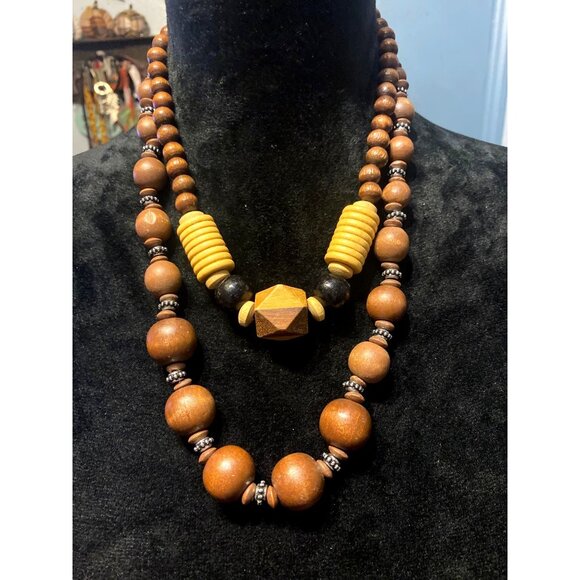Vintage Bohemian Wood Beaded Necklace Set of 2 Artisan Design 18" & 24” Chic - Picture 1 of 6